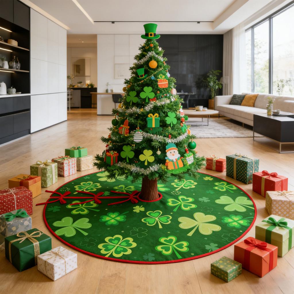 Double-Sided 36in/91.44cm Tree Skirt - -Themed Decor (Phrase & Patterns), Tie Closure, Ideal For Christmas/Seasonal Home Decor, Festive Tree Base Cov