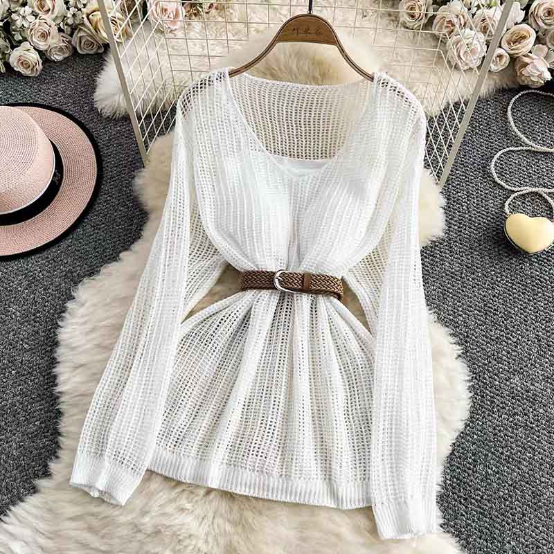 Sweater for Women Spring Summer Openwork Knit Sweater Solid Color Sun Protection Cover-Up Tops