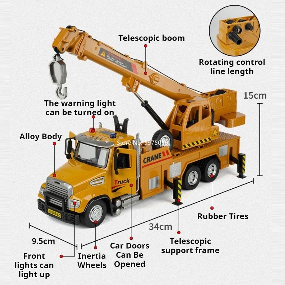 Crane Excavator Toy Cars Models Alloy Diecast Doors Opened Miniature Transport Vehicle Rubber Tires Mixer Truck Collectible Item