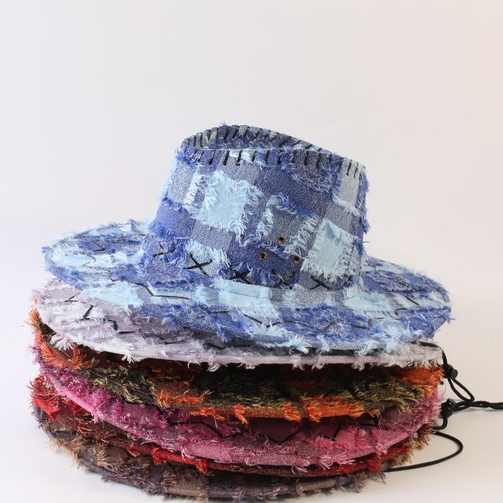 European and American Classic Retro Old Plaid Burr Jazz Hat Men's and Women's Outdoor Sunscreen Sunshade Big Eaves Western Cowboy Hat