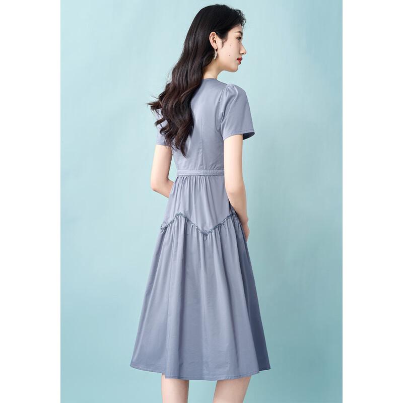 Ke Bei Er Women's Elegant Blue Tie-Waist A-Line Midi Dress