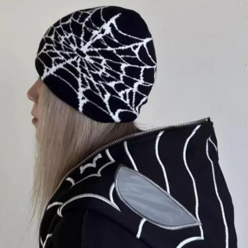 Fashion Plush Knit Spider Web Design Hat For Men Women Pullover Pile Cap Y2K Goth Warm Beanie Hats New Hip-Hop Street Cap