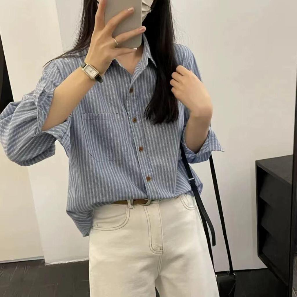 Petite Stripe Versatile 2025 Slimming Retro Long Sleeve Casual Shirt for Spring/Autumn