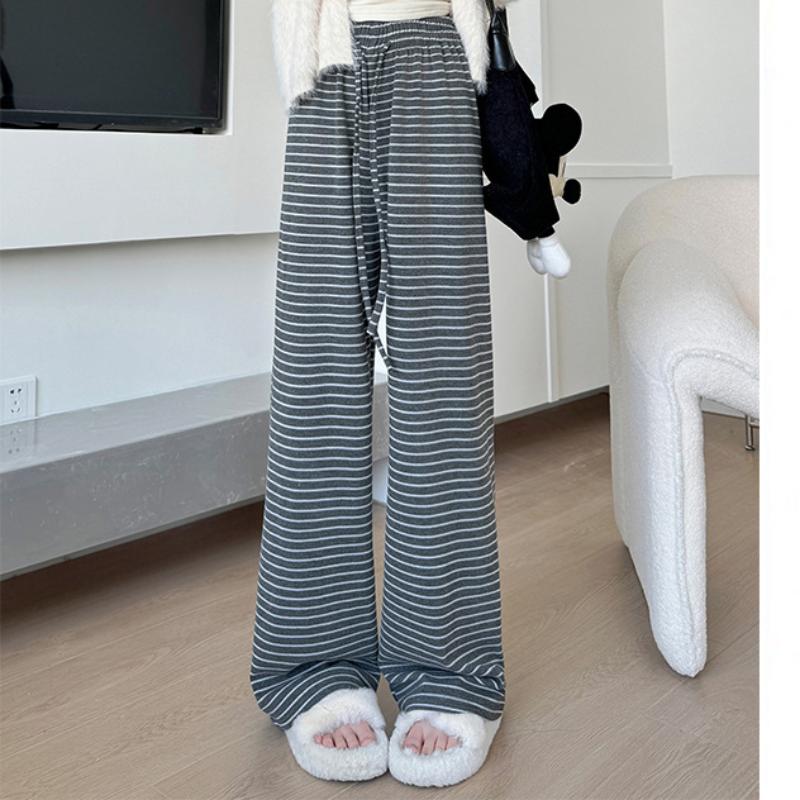 

Розовые брюки в полоску для женщин на весну и осень, новые драпированные облегающие повседневные брюки, ленивые с высокой талией, прямые, для ходьбы, широкие брюки XL