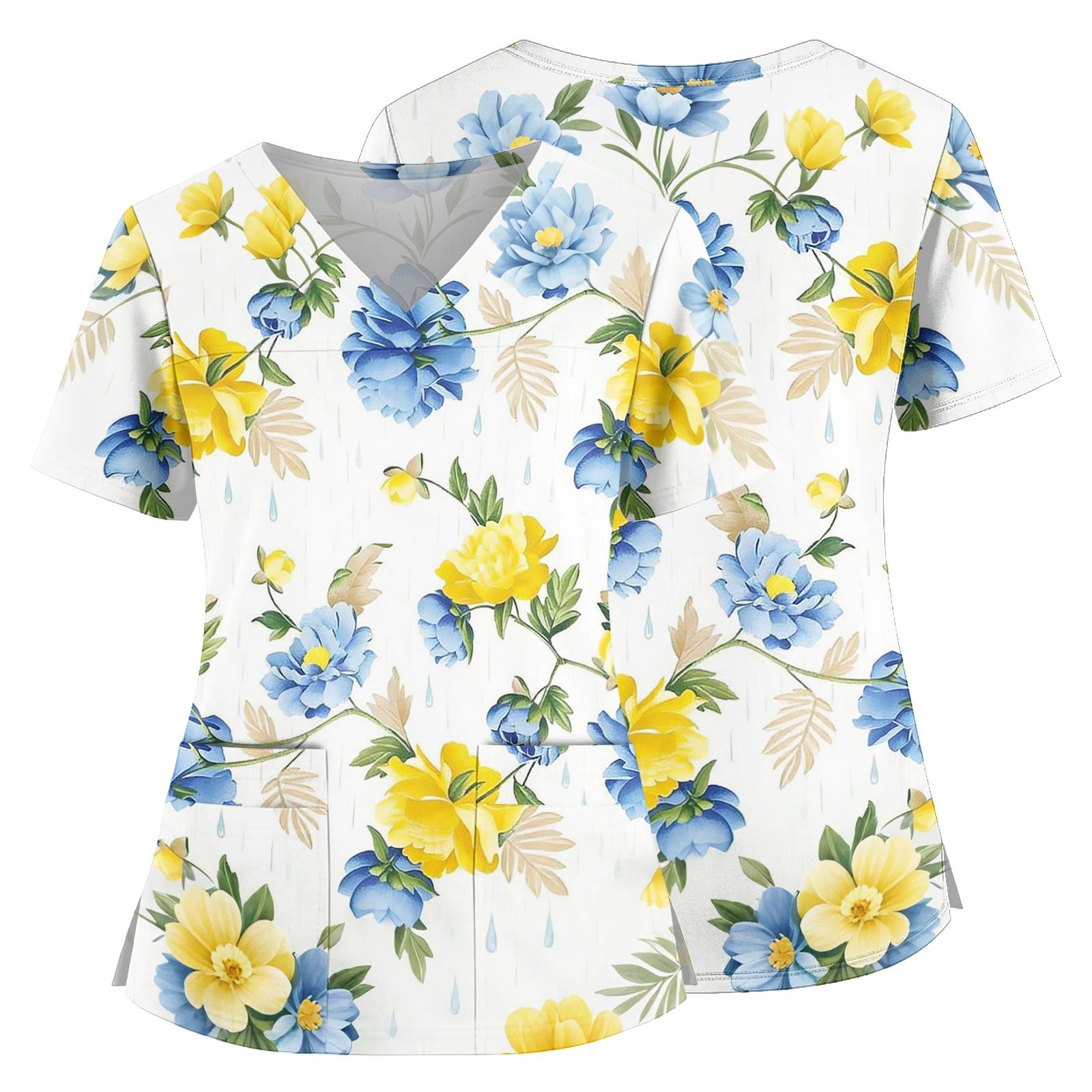

Women s V Neck Medical Scrub Top with Side Slits Two Front Pockets Short Sleeve Hawaiian Print Nurse Uniform Shirt XL