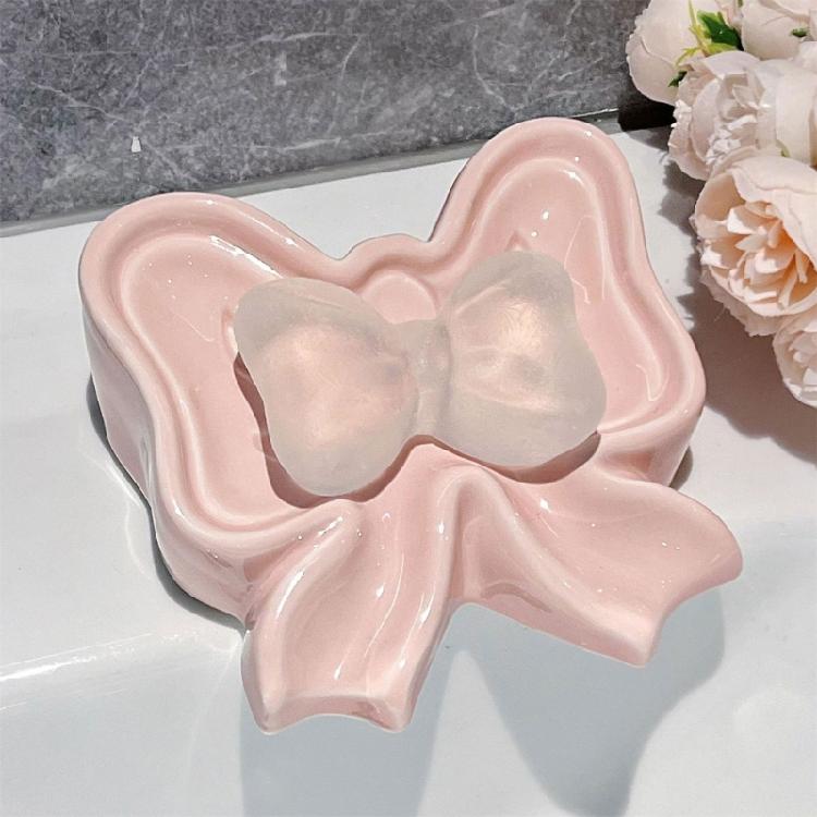 Ceramic Soap Holders with Bows Drainages Enhanceds Design Bathroom Counter Organizers Decorative Sink Tray
