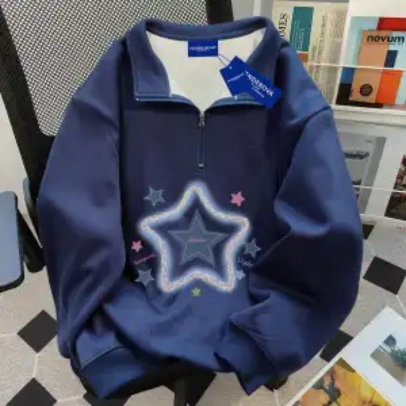 Sweat-shirt Polo Rétro Coréen en Coton Pur à Demi-Zip pour Femmes Automne Hiver Ample Polyvalent Haut de Couple