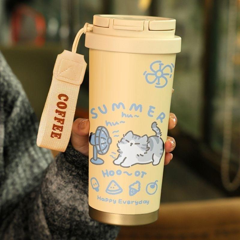 520ml Cute Cartoon Cat Insulated Cup High Appearance Stainless Steel Straw Cup Cold And  Insulation Double Drinking Cup