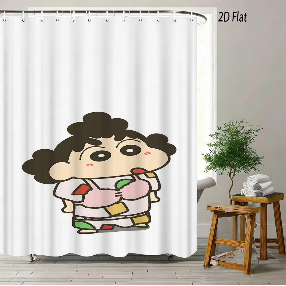 Crayon Shin-Chan Cheese & Shiro 2D Print Waterproof Shower Curtain, Cute Cartoon Bathroom Decor With Hooks