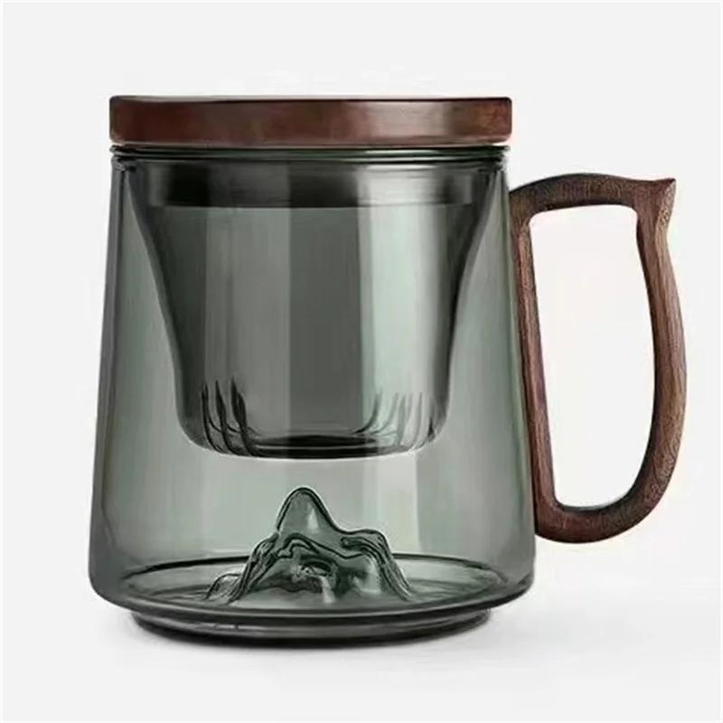 Tea Separation Filtration Glass Tea Cup Wood Handle Coaster Tea Water Separation Container With Infuser Filter Tea Making Cup