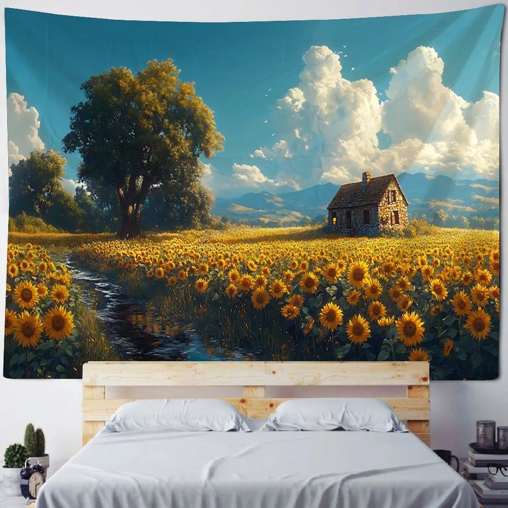 Sunflower Oil Painting Tapestry - Living Room Wall Hanging Art Music Party Background Aesthetic Home Decor