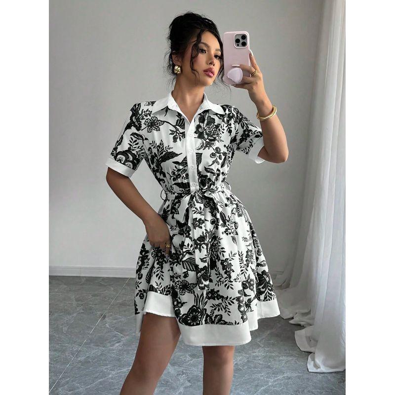 

Short Sleeve Dress Summer Simple and Stylish Waist Hugging Print Bandage Short sleeve One piece Dress Women clothing Black S