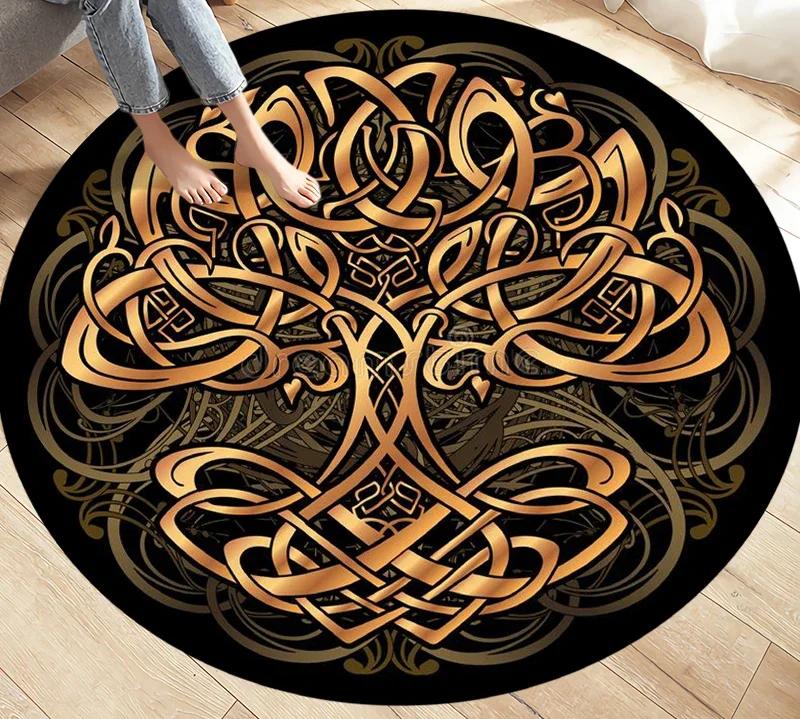 Viking Valknut Yggdrasil Tree of Life Area Rug Round Carpets Rugs for Living Room Bedroom Foot Pad Decoration Non-slip Floor Mat