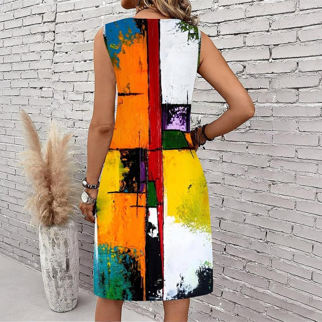 Plus Size V Neck Sleeveless Dress Green Valley Waterfall Painting Print For Country Hiking Journey