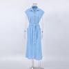 Elegant High Waist Sleeveless Cotton Linen Summer Dress with Turn-Down Collar