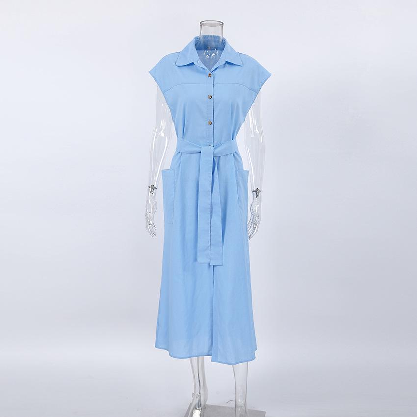 Elegant High Waist Sleeveless Cotton Linen Summer Dress with Turn-Down Collar