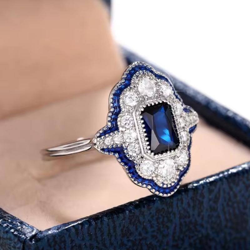 Retro Blue Rings Women Anniversary Evening Party Dazzling Cubic Zirconia CopperColor Elegant Lady's Ring Vintage Jewelry