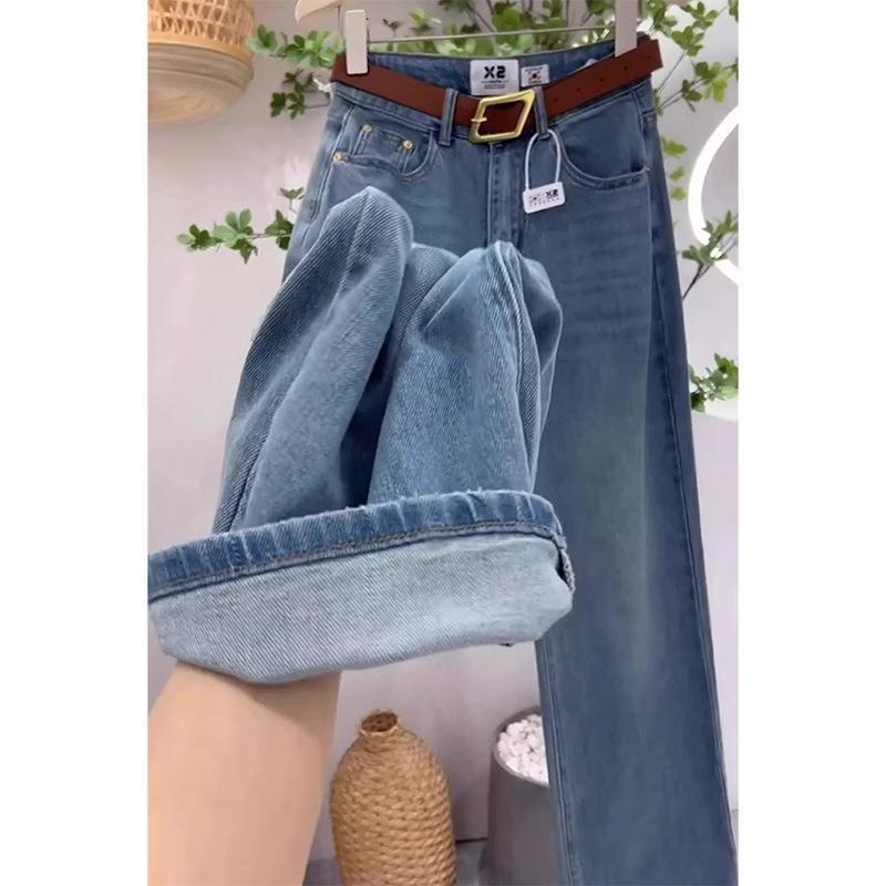 Women's Plus Size Fleece-Lined High-Waisted Straight-Leg Jeans - Slimming Autumn/Winter Pants