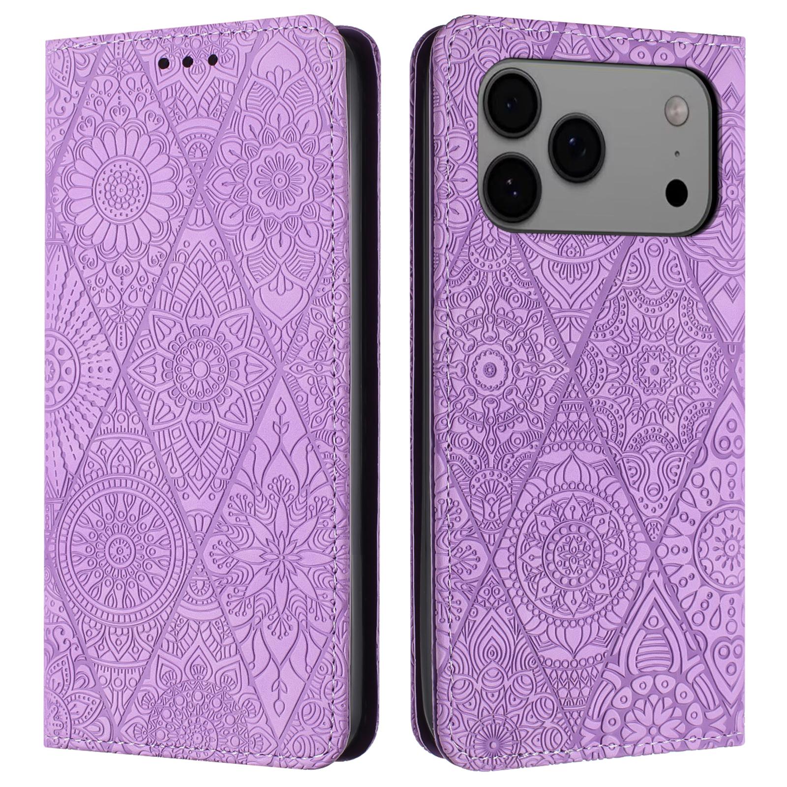 

For iPhone 17 Pro Max Case Imprinted Flower Wallet Stand Leather Phone Cover Purple