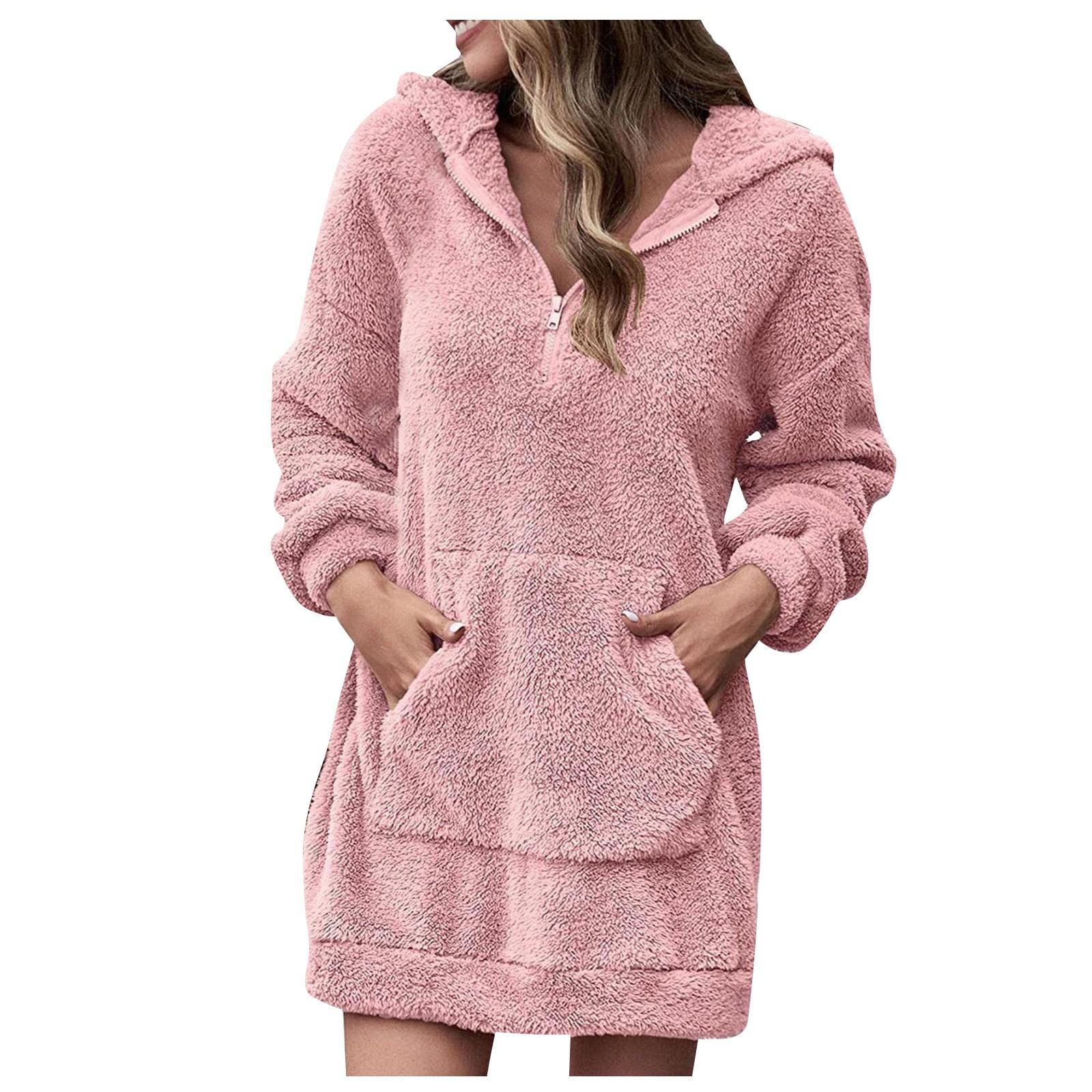 

Женское повседневное модное свободное платье-толстовка с капюшоном на молнии с плюшевыми карманами XL розовый