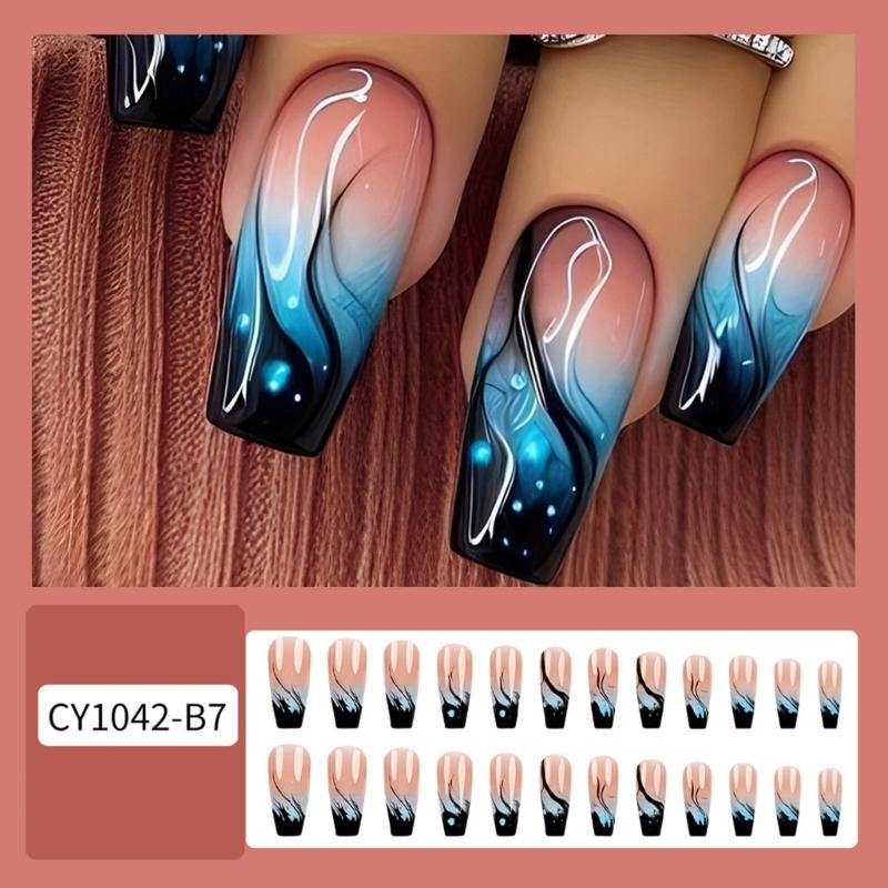 Press Long Pcs Ballerinas 24 On Nail Blue Gradient Flame False Nail Acrylic Nail Glossy Full Cover Stick On Nail