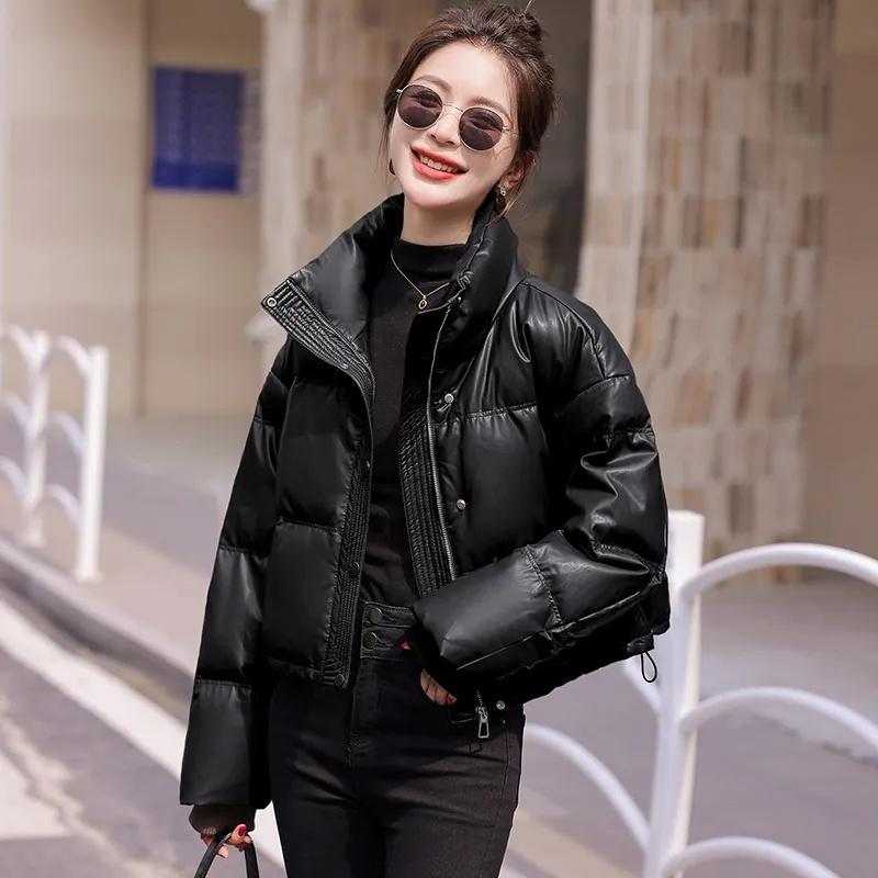 CoffeeMaillard Stand Up Collar Short Winter Petite Fashion Bread Warm Thickened PU Leather Down Cotton Jacket For Women