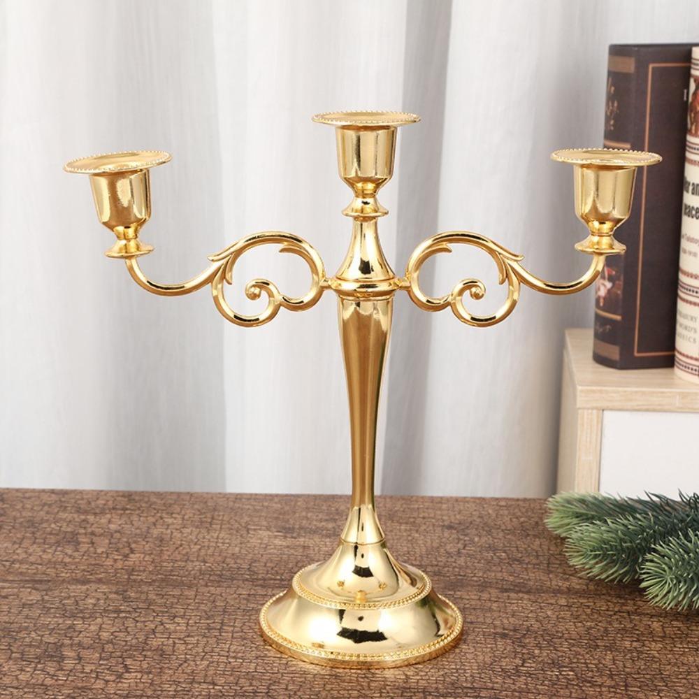 Vintage Metal Candle Holder Elegant Exquisite Design Candlestick Holder High Gloss 3 Arms Candle Holder Dining Tables