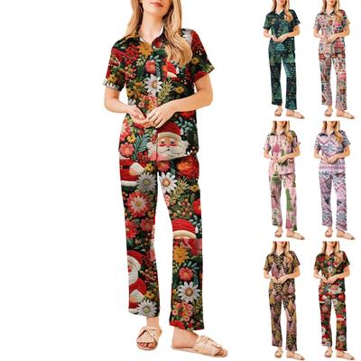 Women's Christmas Print Pajama Set Women's Short Sleeve Long Pants Two-piece Set Button-up Home Clothes