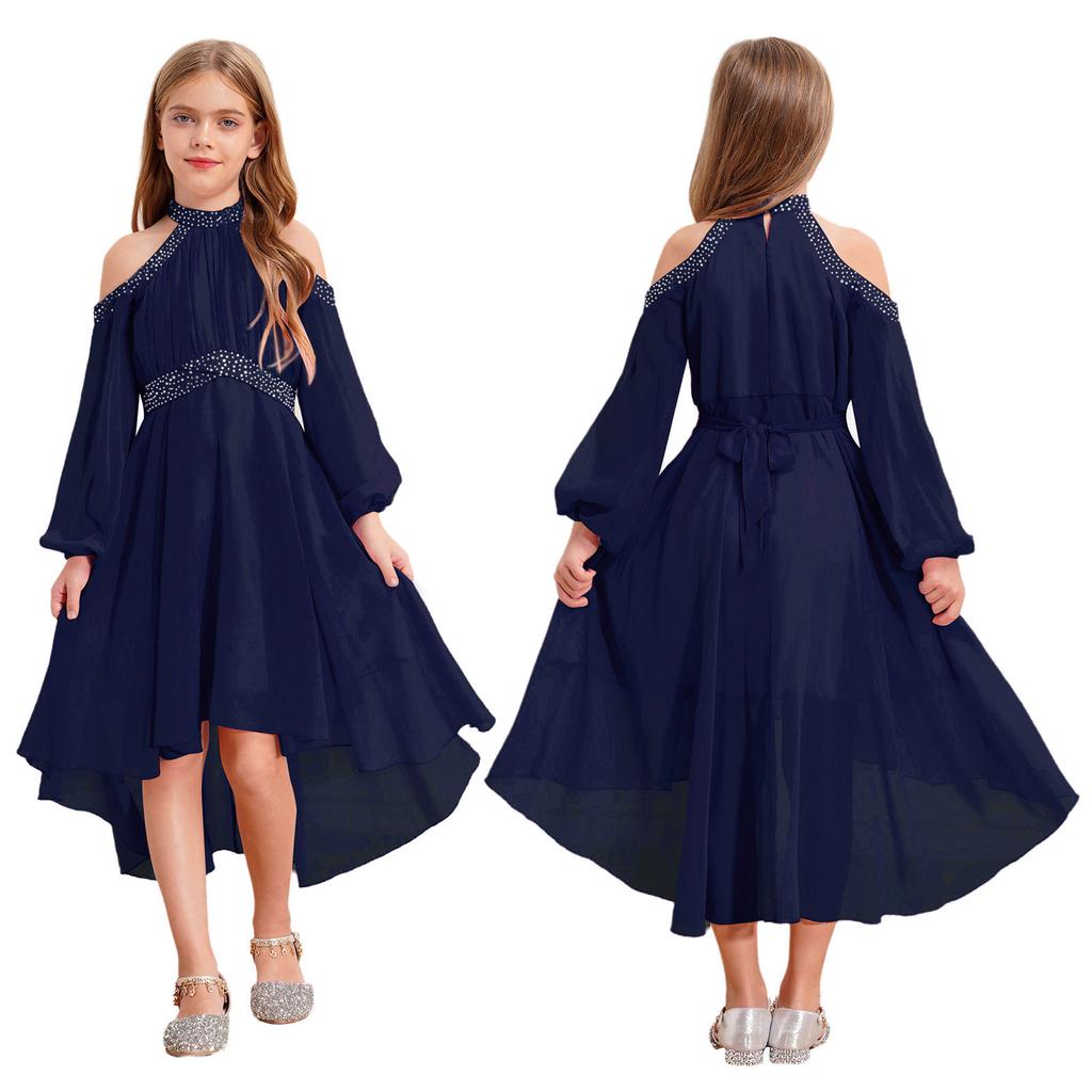 Children‘s High Waist Ruffled Dress Halter Off Shoulder Long Sleeve Irregular Hem Fake Diamond Embellished for Prom Wedding Party