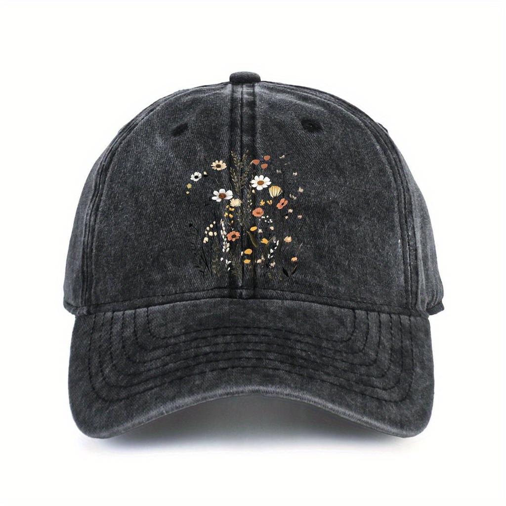 Wildflower Bouquet Print Washed Denim Baseball Cap Vintage Adjustable Cotton Outdoor Casual Hat