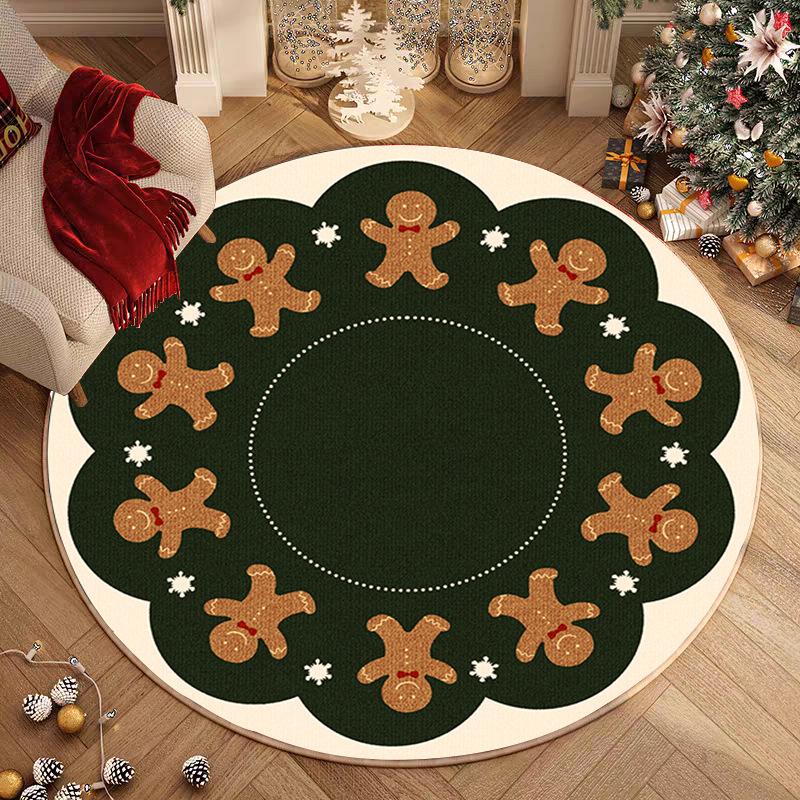 Weihnachts Lebkuchenmann Runder Teppich Roter Karorand Zuckerstange Stechpalme Weich Plüsch Rutschfest Festlich Wohnzimmer Kinderzimmer Dekor