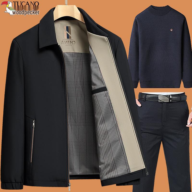 Woodpecker 2025 Dad Outerwear Set: Men's Spring and Autumn Jacket for Middle-Aged and Elderly