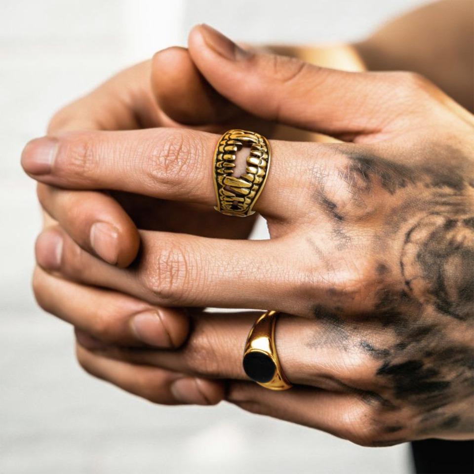 Stainless Steel Double Sides Teeth Rings for Man Woman Manmade Vintage Effect Size 7-14 Gothic Punk Cool Jewelry Gift