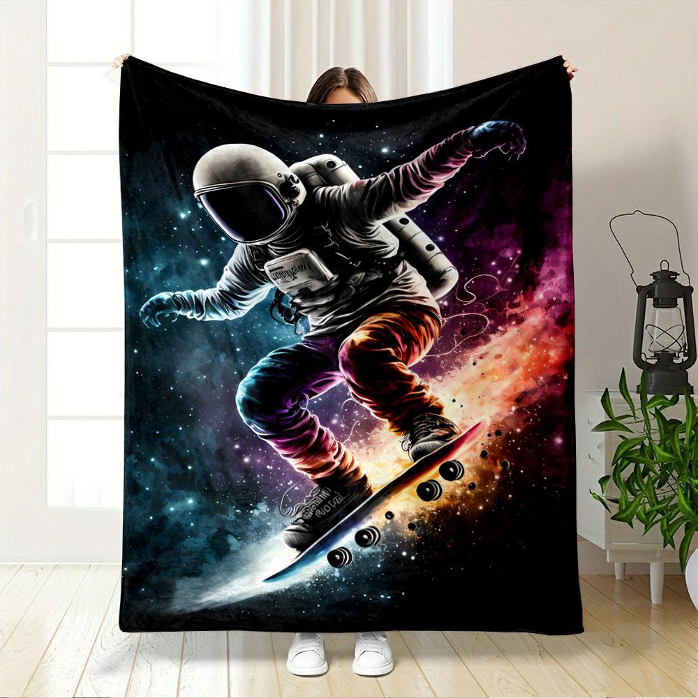 An Astronaut Skateboarding Through Vibrant Cosmic Colors and Starry Space. for All Seasons Blanket Lunch Break Throw Gift