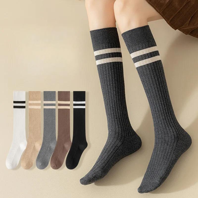 Women Striped Cotton Long Socks Japanese JK Black White Knee High Stockings Long Tube Leg Solid Color Girls Students Warm Socks