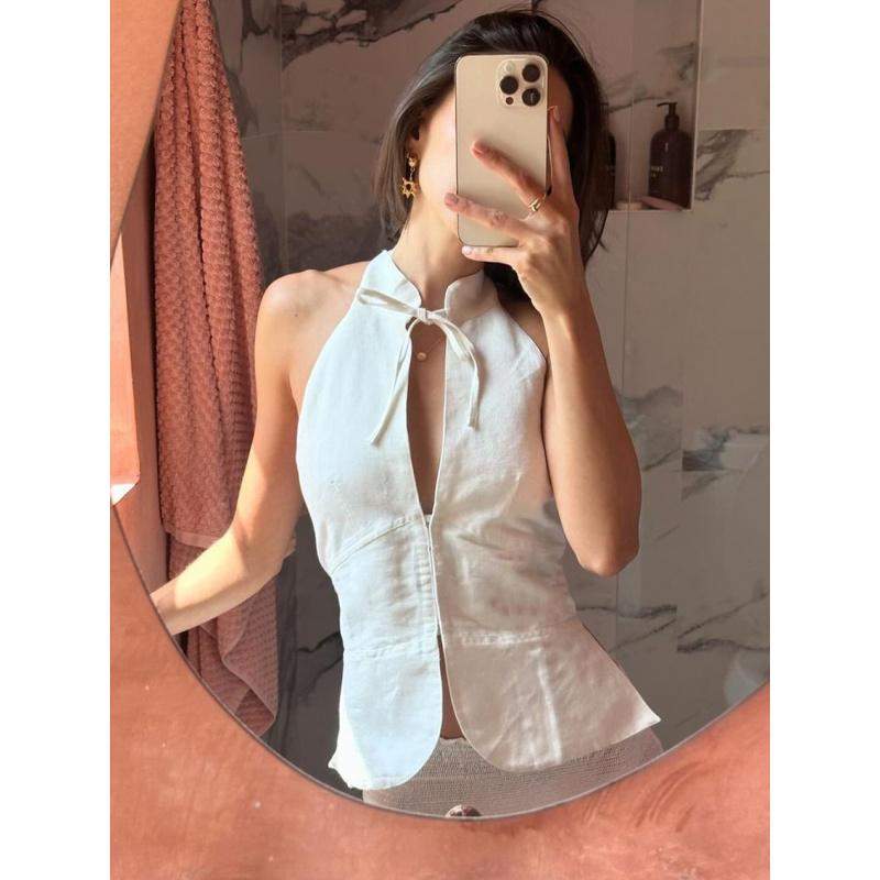 Summer New Vintage Style Halter Neck Off-Shoulder Slim-Fit Tank Top For Women Stylish Casual Girls Sleeveless Shirt