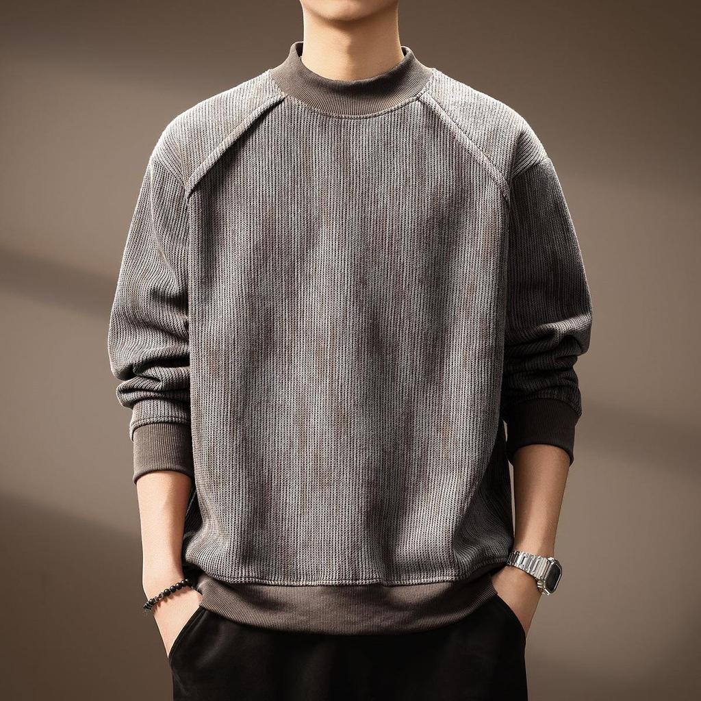 Men's Trendy Retro Print Loose Pullover: Heavyweight Half-High Collar Autumn Hoodie