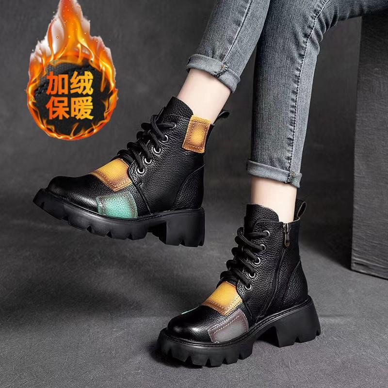 Retro thick heel Martin boots women's 2025 autumn and winter new soft leather color matching ethnic style short boots high heel waterproof table singl