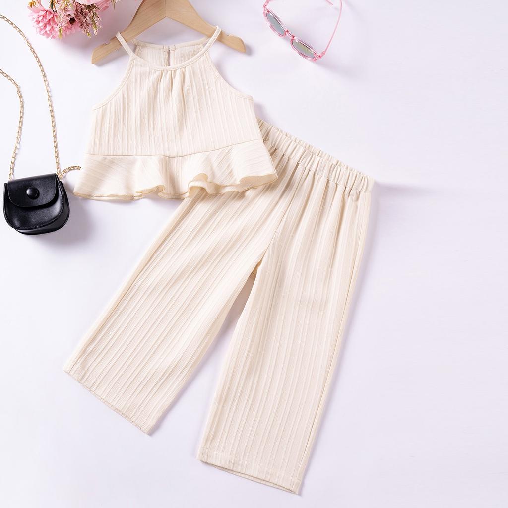 Summer Children Cute Flounder Hem Suspender + Broad LEG Trousers GIRL Casual Top