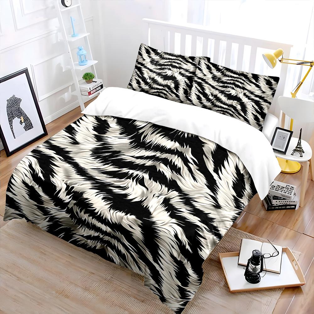 Black white abstract fur pattern Bedding Set for Kids Luxury Gift 3pcs Digital Print Comforter Set Soft Comfortable Breathable