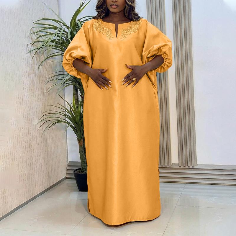 Oversized Women Puff Sleeve Embroidery Patchwork Casual Loose Maxi Kaftan Dress
