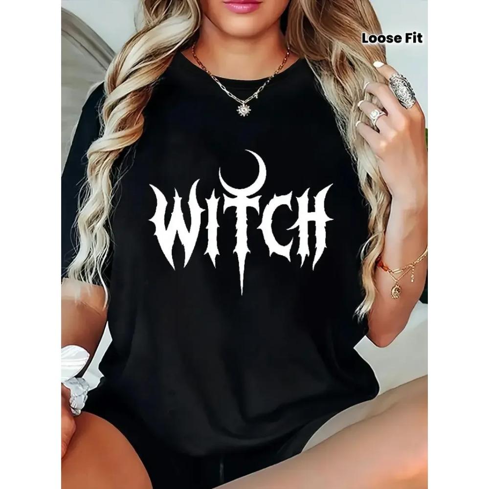 

Women s Witch Graphic Print T-Shirt Black & White Crescent Moon & Bats Design, Loose Fit Short Sleeve Round Neck Casual Tee M