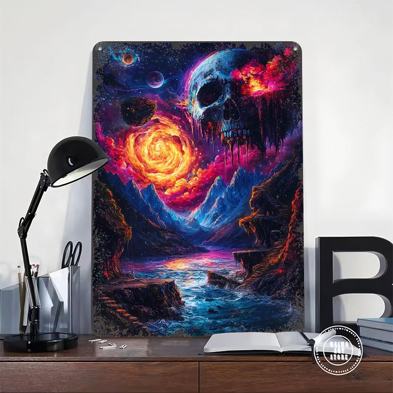 Totenkopf Mond Landschaft Blechschild Poster Personalisierte Wandkunst Retro Vintage Metallschilder für Man Cave Raumdekor Männer Kaffee Bar Zuhause