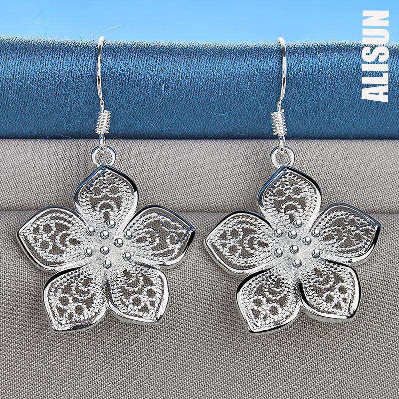 925 Sterling Silver Flower Star Pendant Piercing Earrings Fashionable Wedding Jewelry