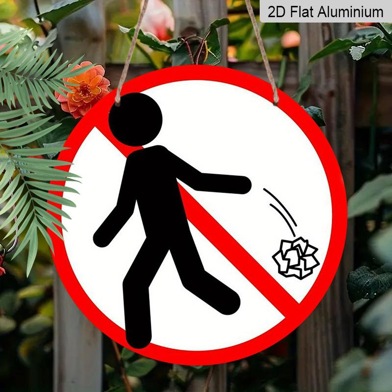 2D Flat, 1pc Round Aluminum "No Littering" Sign, Red & White Prohibition Metal Wall Art, Anti-Litter Symbol Design, Waterproof & Durable, Easy To