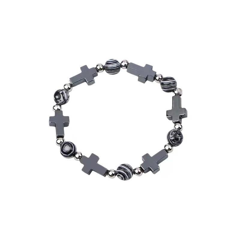 Stone Cross Natural Black Beaded Bracelet For Couples Minimalist Cold Wind Style