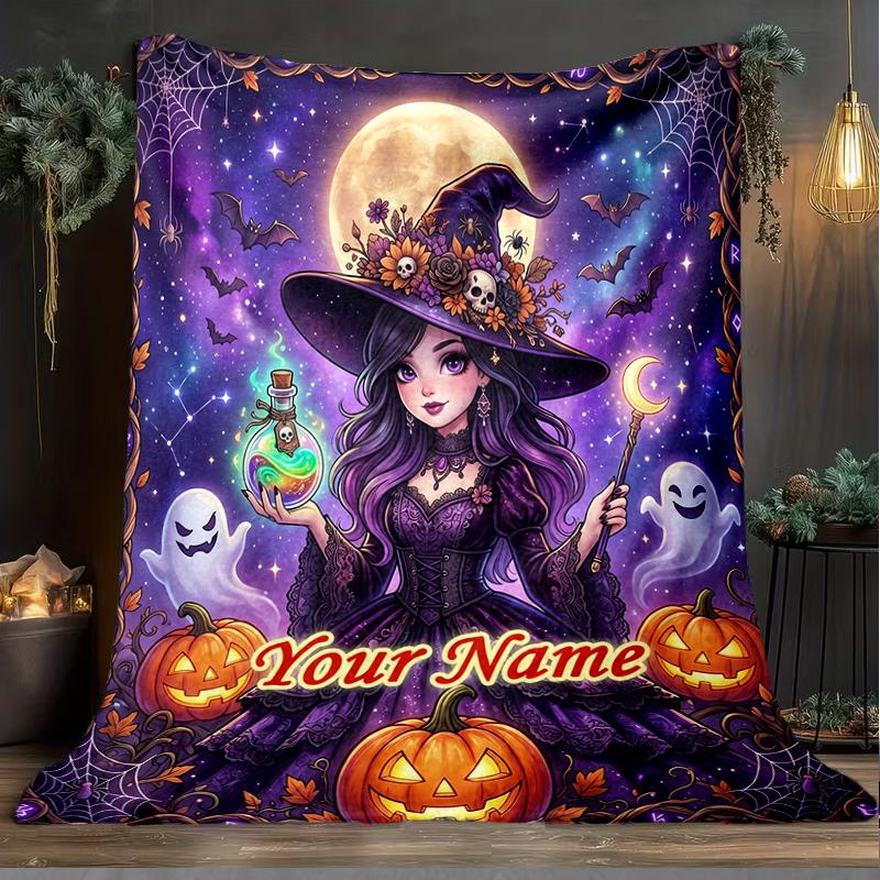 1PC Custom Name Halloween Magic Night Outdooor Flannel Blankets Throw Blanket All-Season Throw Gift Bedspread for Couch, Bed, Camping Holiday Birthda