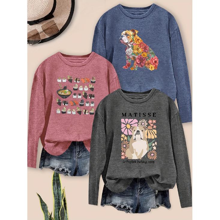Women's casual elegant style with beautiful floral and letter print patterns, casual round neck, long sleeves for spring, summer, autumn, and
