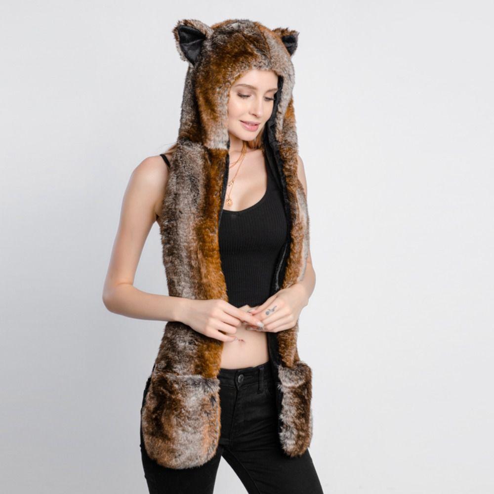 Warm Winter Cap 3 in1 Plush Hooded Windproof Animal Hat Unisex