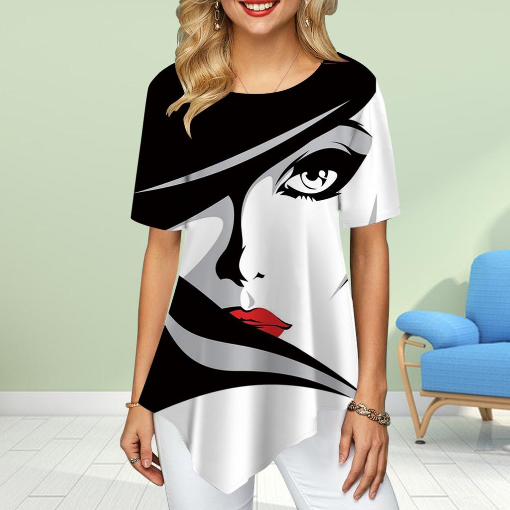 Women Plus Size Ladies Tee Shirts Floral Face Recognition Print Loose Casual Tops Female Irregular Summer Clothes